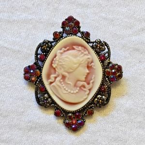 Vintage Heavy Filigree Resin Cameo AB rhinestone crystals Pin, Pendant Or Brooch